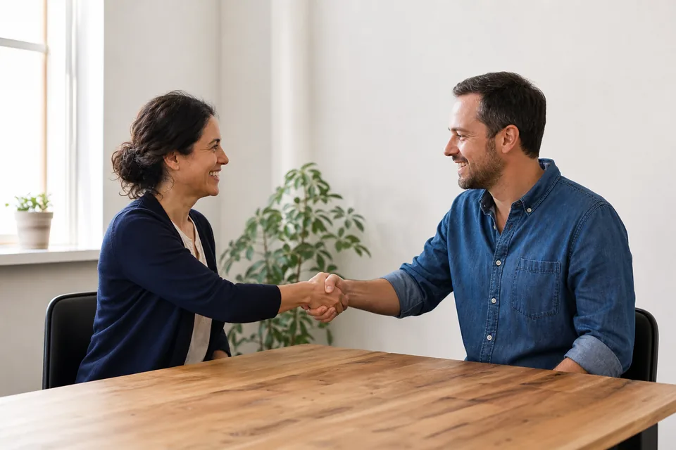 Bookkeeper shaking hands with a small business owner after a first meeting