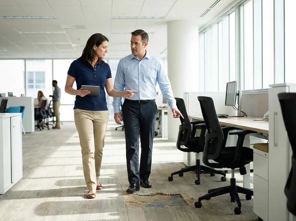 Owner of a commercial cleaning company on an office walkthrough with a facility manager