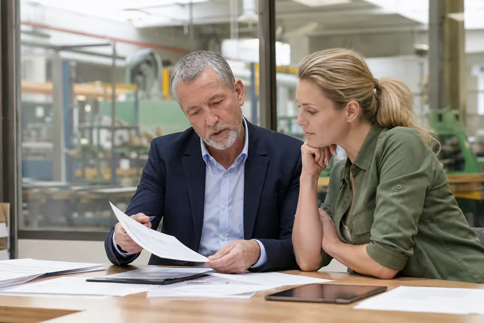 Independent commercial insurance agent reviewing a business owner's policy documents at a small manufacturing company