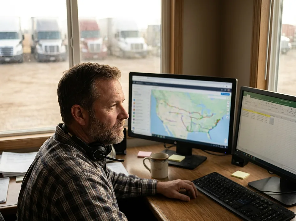 Freight broker at a desk reviewing shipper lanes on two monitors in a small brokerage office