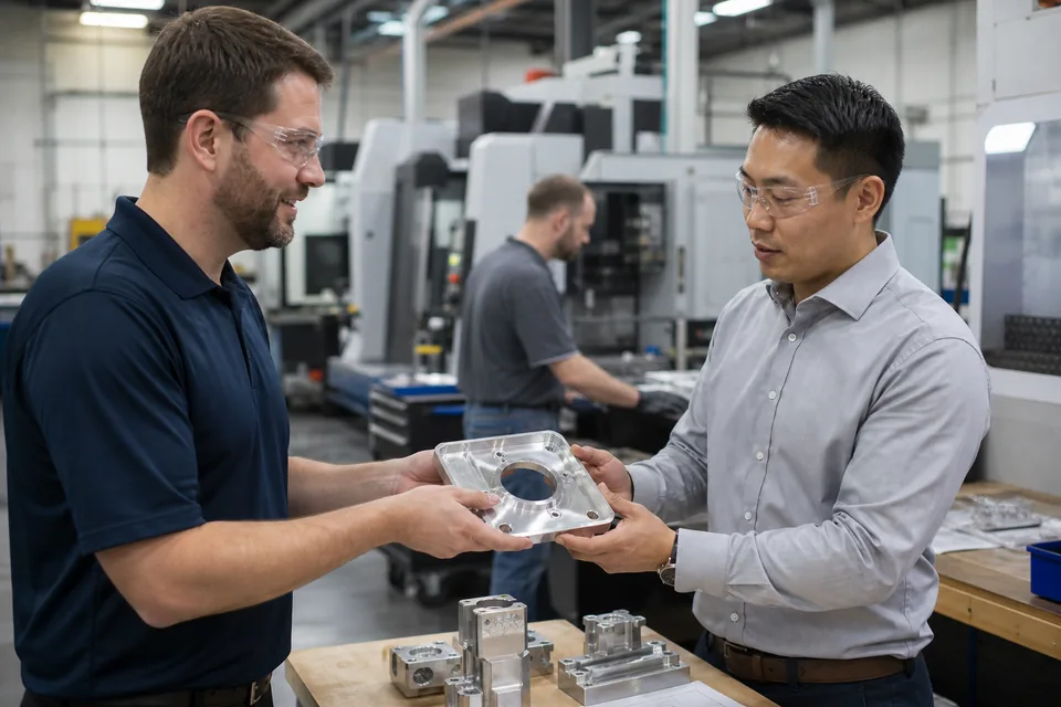 Sales engineer from a contract manufacturer reviewing a machined part with an OEM purchasing manager